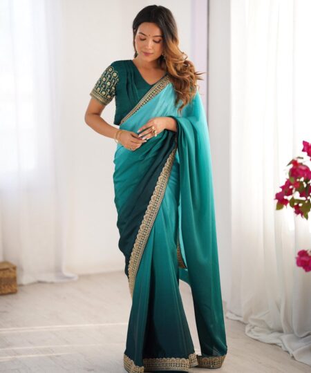 Women's Elegant Ombre Green Georgette Saree with Intricate Golden Zari & Stone Embellishments – Complete with Heavily Worked Blouse for Festive & Wedding Wear
