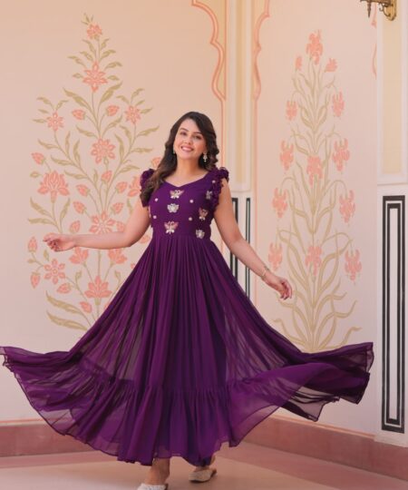 Women's Elegant Plum Purple Georgette Anarkali Gown with Butterfly Applique & Ruffle Sleeves – Festive & Special Occasion Wear
