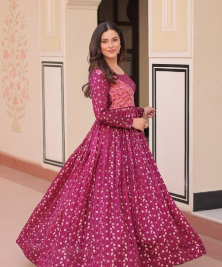 Women's Festive Berry Purple Printed Anarkali Gown with Intricate Zari Work & Embellished Yoke – Perfect for Traditional & Celebration Wear