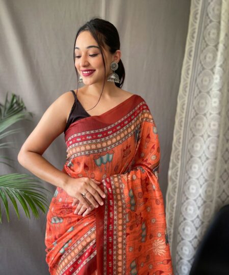 Women's Artistic Terracotta Orange Linen Saree with Kalamkari Inspired Print & Tassel Detailing – Perfect for Casual Festivities & Cultural Events