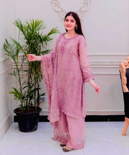 Women's Faux Georgette Embroidery work Straight Kurti With Pant and Dupatta Set