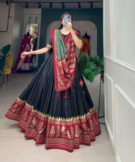 Women's Stitched Ethnic Lehenga Choli with Zari Border and Contrast Dupatta