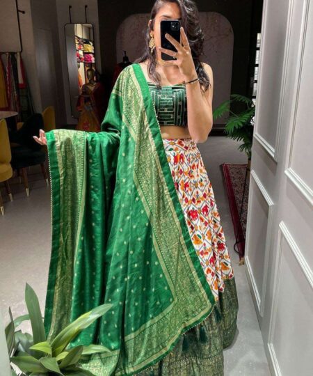 Women's Tussar Silk Patola Print Lehenga Choli Dupatta Set