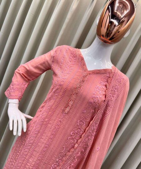 Women's Chinon Silk with Cotton Thread Embroidery Straight Kurti With Pant and Dupatta set