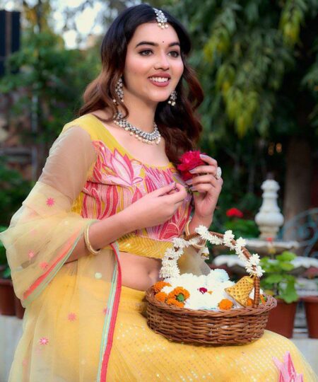 Women's  Tussar Silk Patola Printed Lehenga Set with Dupatta ? Stitched with Can Can Flair