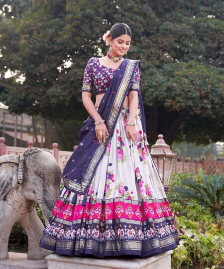 Women's Patola Print Tussar Silk Lehenga Choli Dupatta Set