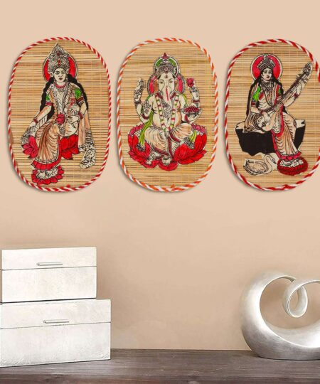 Bamboo Hand Crafted Wall Hangings Of The Trio Of  Ganesh Ji, Laxmi Ji And Sarwasti Ji Painting For Home Decor