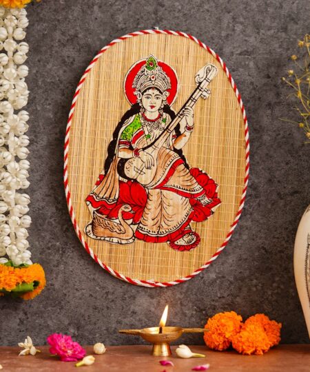 Oval Shaped Design Bamboo Hand Crafted Wall Hangings Of Godess Sarwasti Ji For Home Decor