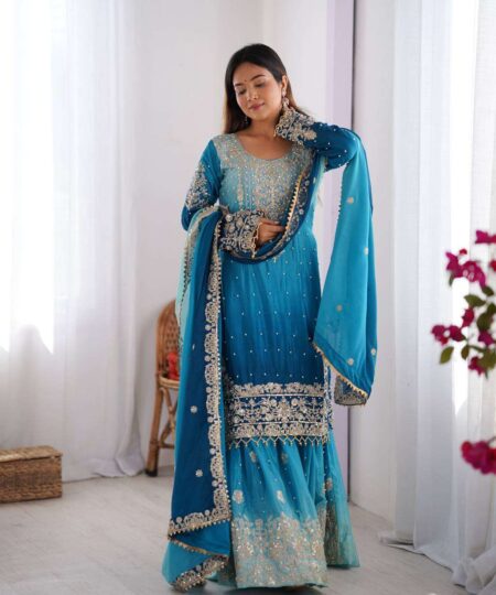 Women's Chinon Silk Sequence With Rivet Moti Work Straight Kurta With Sharara and Dupatta Set