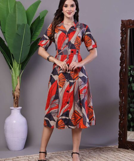 Women's Leaf Print Button-Down Cotton Midi Dress