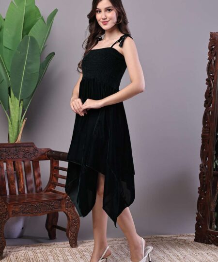 Women's Bottle Green Junglee Pattern Velvet Handkerchief Hem Dress Midi Dresses