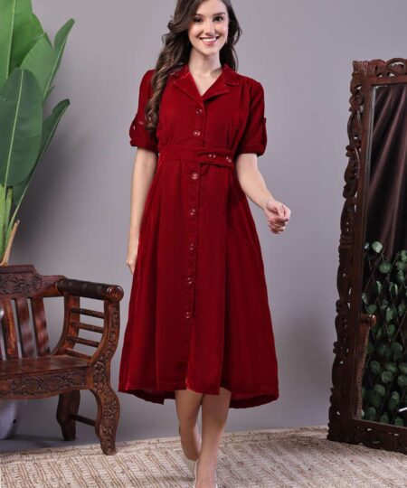 Women's Maroon Velvet Solid Printed Shirt Midi Dress with Belt