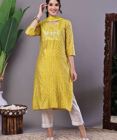 Women's Mustard Yellow Chevron Print Chanderi Kurta Set with Mirror Work Suit Sets