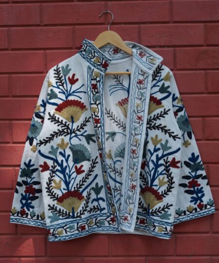 Womens White Velvet Embroidered Jacket with Floral Design