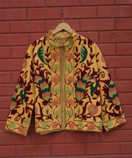 Womens Yellow Velvet Embroidered Jacket with Floral Design