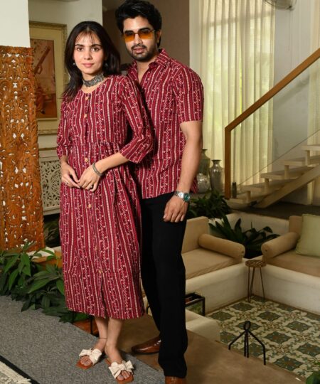 Couple Matching Maroon Cotton Anarkali Midi Dress and Shirt Set ? Vertical Stripe Ethnic Print