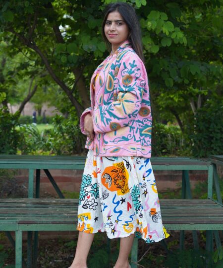 Womens Pink Velvet Embroidered Jacket with Floral Design