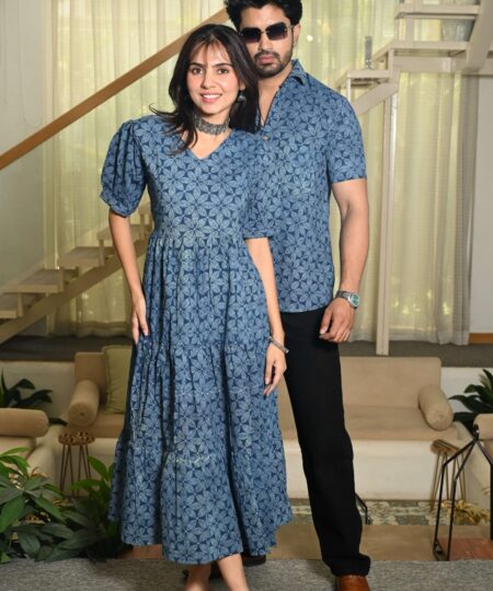Couple Matching Blue Cotton Anarkali Midi Dress and Shirt Set ? Geometric Block Print