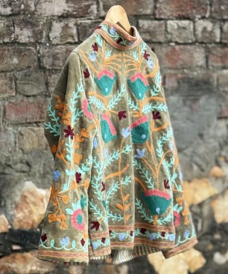 Womens Olive Green Velvet Embroidered Jacket with Floral Design