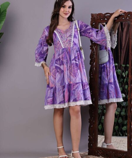 Wome's Purple Floral Cotton A-Line Dress with Lace Detailing Midi Dresses