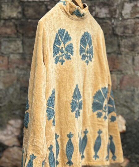 Womens Orange Velvet Embroidered Jacket with Floral Design