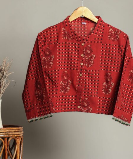 Hand Block Print Cotton Shirt for Women ? Red Floral Printed Button-Down Top with Full Sleeves
