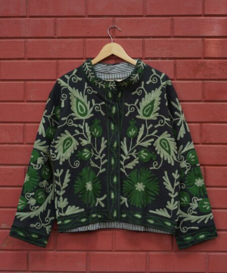 Womens Black Velvet Embroidered Jacket with Floral Design