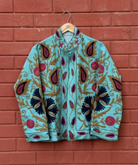 Womens Teal Blue Velvet Embroidered Jacket with Floral Design