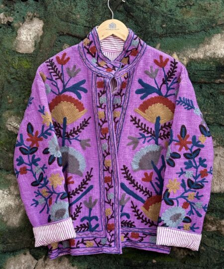 Womens Purple Velvet Embroidered Jacket with Floral Design