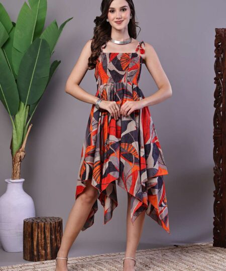 Women's Rust & Grey Abstract Print Cotton Handkerchief Hem Dress Midi Dresses